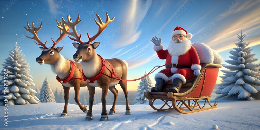 Fototapeta premium 3d rendering of santa claus and his reindeer pulled sleigh with a friend