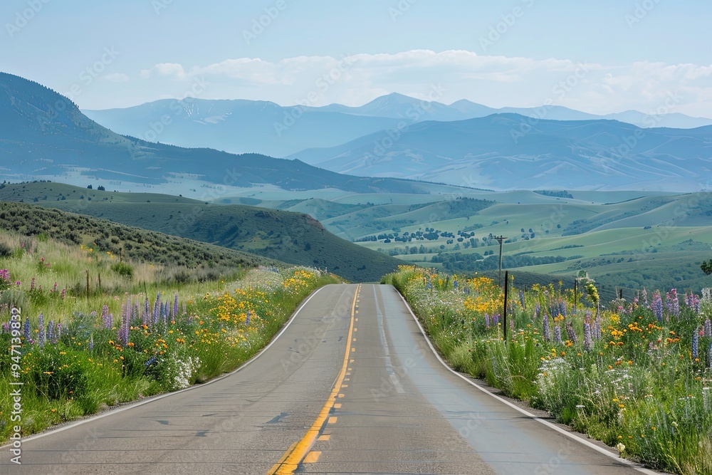 Obraz premium Winding Road Through Wildflowers and Mountain Ranges