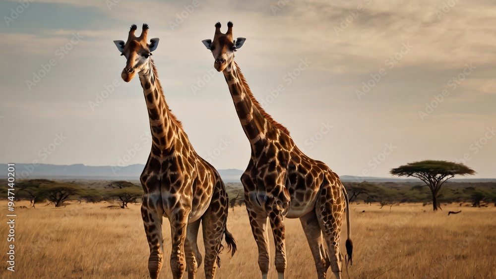 Obraz premium Two majestic giraffes stand side by side in the vast African savannah, their long necks reaching towards the sky as they gracefully observe their surroundings during sunset