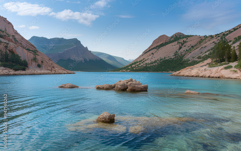 Fototapeta premium The sea is covered with mountains and bright beautiful water
