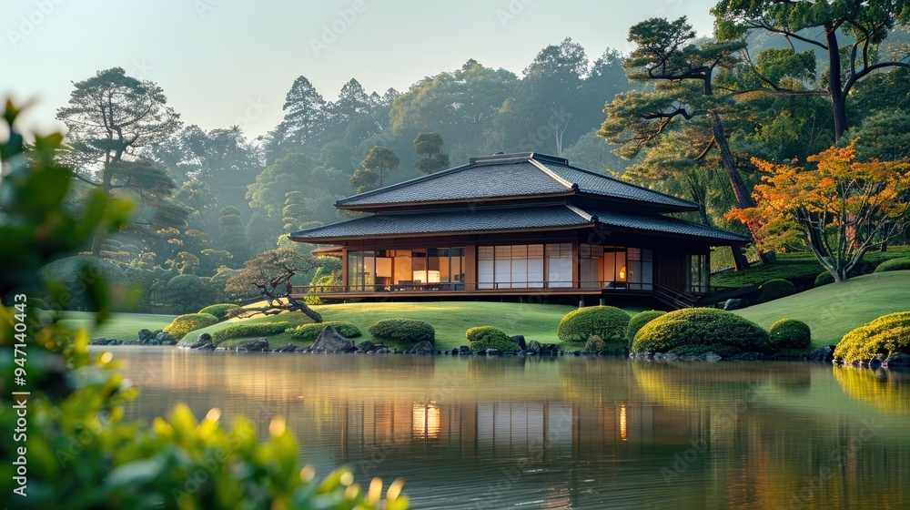 Naklejka premium Traditional Japanese House Reflecting in a Serene Pond Surrounded by Lush Greenery