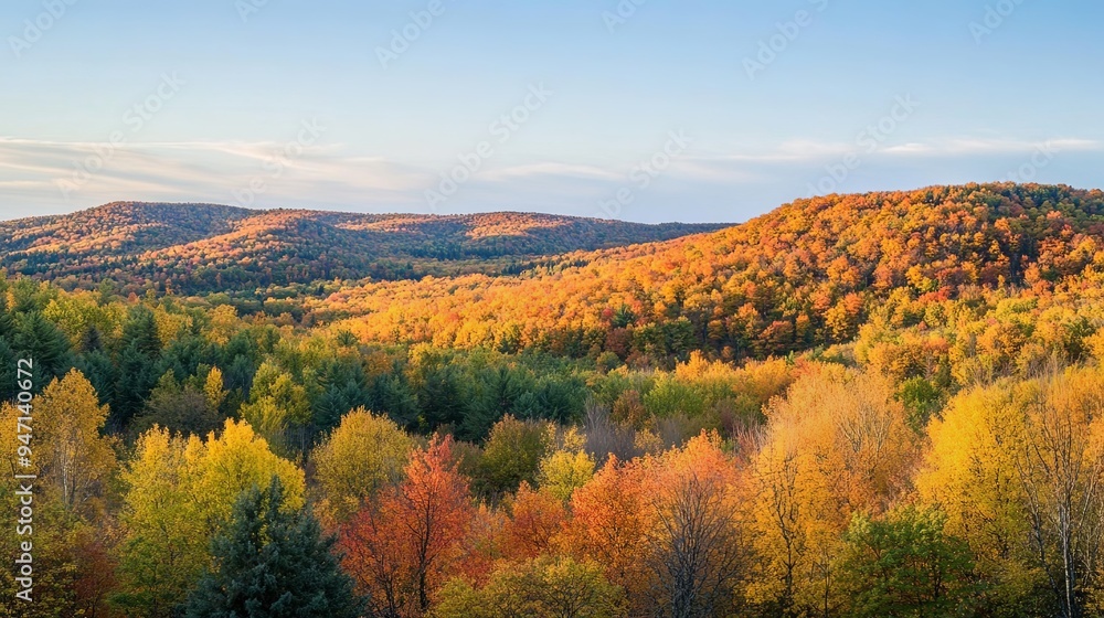 Golden Autumn Forest Landscape with Hills and Blue Sky Golden Autumn Forest Landscape with Hills and Blue Sky