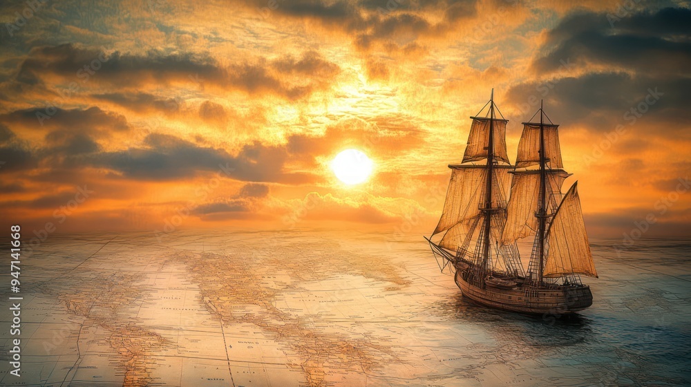 Obraz premium sailboat on a map with a sun setting