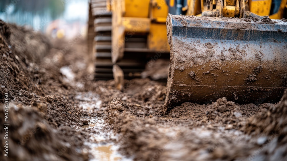 Close up of a bulldozer digging foundation on construction site Close up of a bulldozer digging foundation on construction site