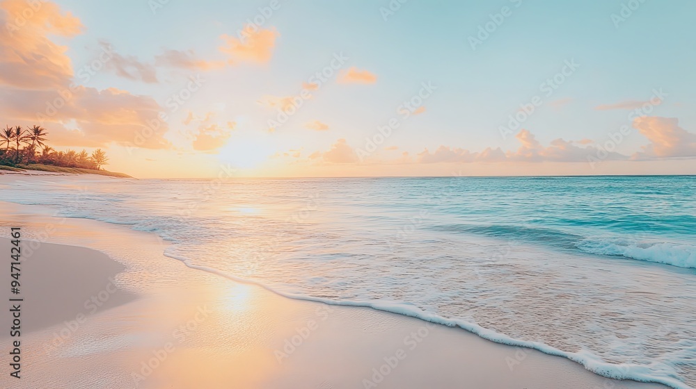 Fototapeta premium Tropical Beach Sunset with Calm Ocean Waves and Palm Trees