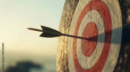 Conceptual image of an arrow hitting the bullseye of a target symbolizing successful achievement goal attainment and triumph over challenges  The design represents the power of focus precision