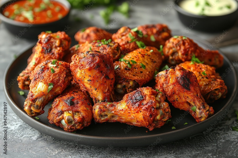 Roasted chicken wings with spices and parsley garnish on black plate Roasted chicken wings with spices and parsley garnish on black plate