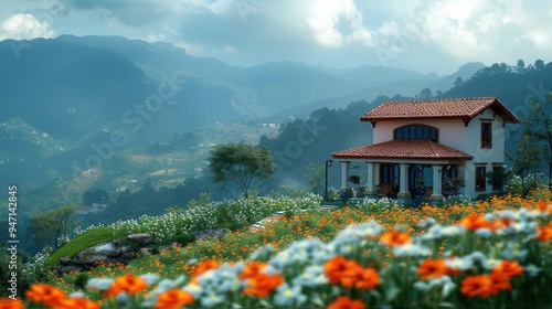 White House with Red Roof and Flower Garden in Mountains