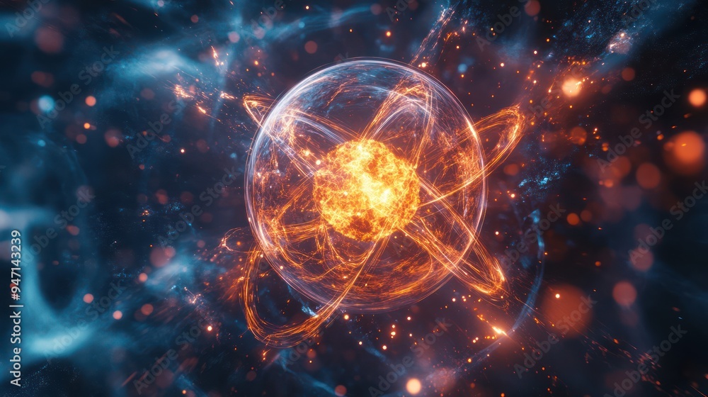 Obraz premium Fusion and fission processes within the atomic nucleus, visualizing energy interaction