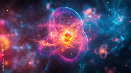 Fusion and fission processes within the atomic nucleus, visualizing energy interaction