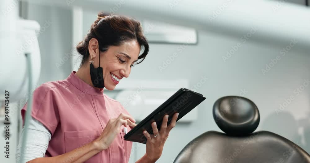 Woman, dentist and smile with tablet at clinic on website for patient appointment and schedule. Female person, doctor and happy on research or ehealth for oral care, dental hygiene and healthcare Woman, dentist and smile with tablet at clinic on website for patient appointment and schedule. Female person, doctor and happy on research or ehealth for oral care, dental hygiene and healthcare