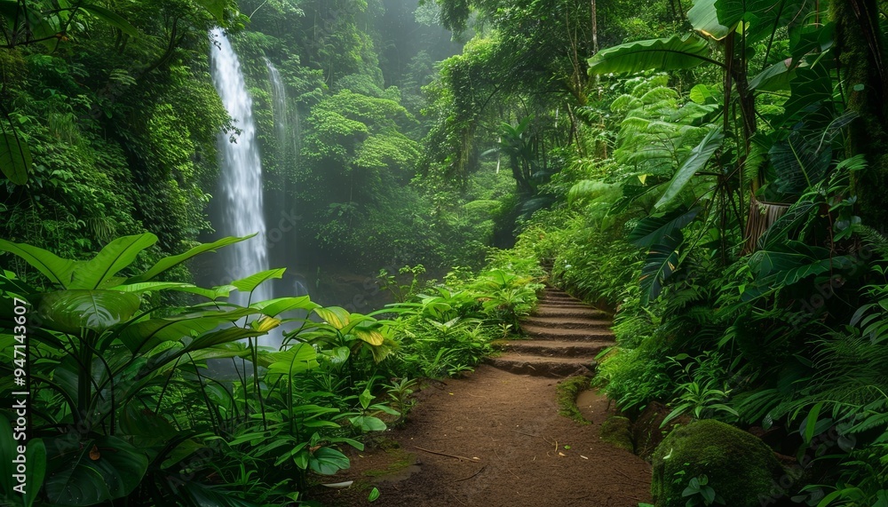 Fototapeta premium Lush Rainforest Waterfall Path