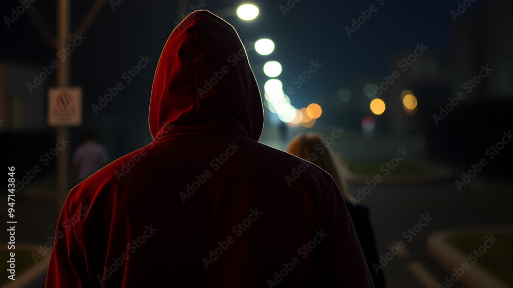 Back view of Man in hood following woman at night. Concept for crime. Generative AI Back view of Man in hood following woman at night. Concept for crime. Generative AI