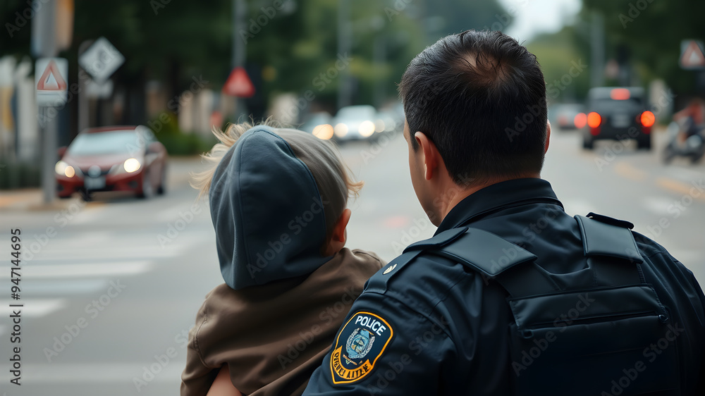 Fototapeta premium Back view of male police officer interacting with small toddler child in street. Generative AI