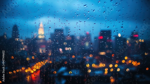 Sudden downpour soaking an urban landscape, city in the rain