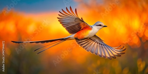 With outstretched wings, the Scissor-tailed Flycatcher whisks by, its tail feathers shimmering like prized jewels against the vibrant Texas sunset colors.