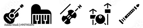 Musical Instruments Icon Set. Guitar, Piano, Violin, Drums, Flute. Solid Icons. Vector Illustration