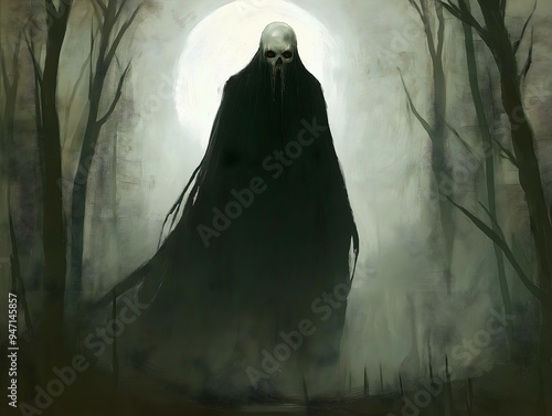 A shadowy figure with glowing red eyes emerges from a foggy forest, creating a chilling, nightmarish atmosphere. photo