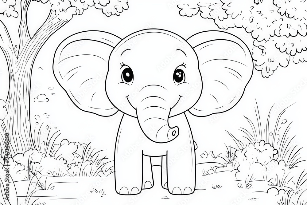 Fototapeta premium Cute Elephant Coloring Page Illustration Safari Animal Cartoon