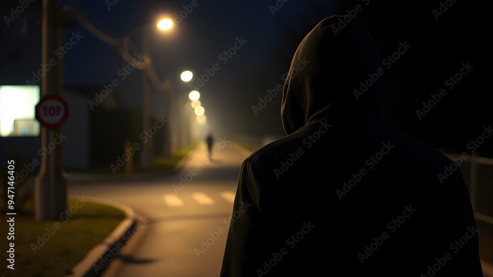 Back view of Night scene with man in hood following person. Concept for crime. Generative AI Back view of Night scene with man in hood following person. Concept for crime. Generative AI