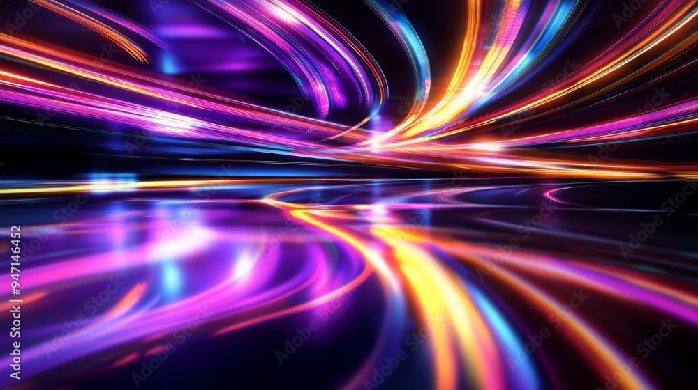 Abstract illustration of vibrant light trails reflecting on a smooth, dark surface, creating a mesmerizing interplay of colors and shapes Abstract illustration of vibrant light trails reflecting on a smooth, dark surface, creating a mesmerizing interplay of colors and shapes
