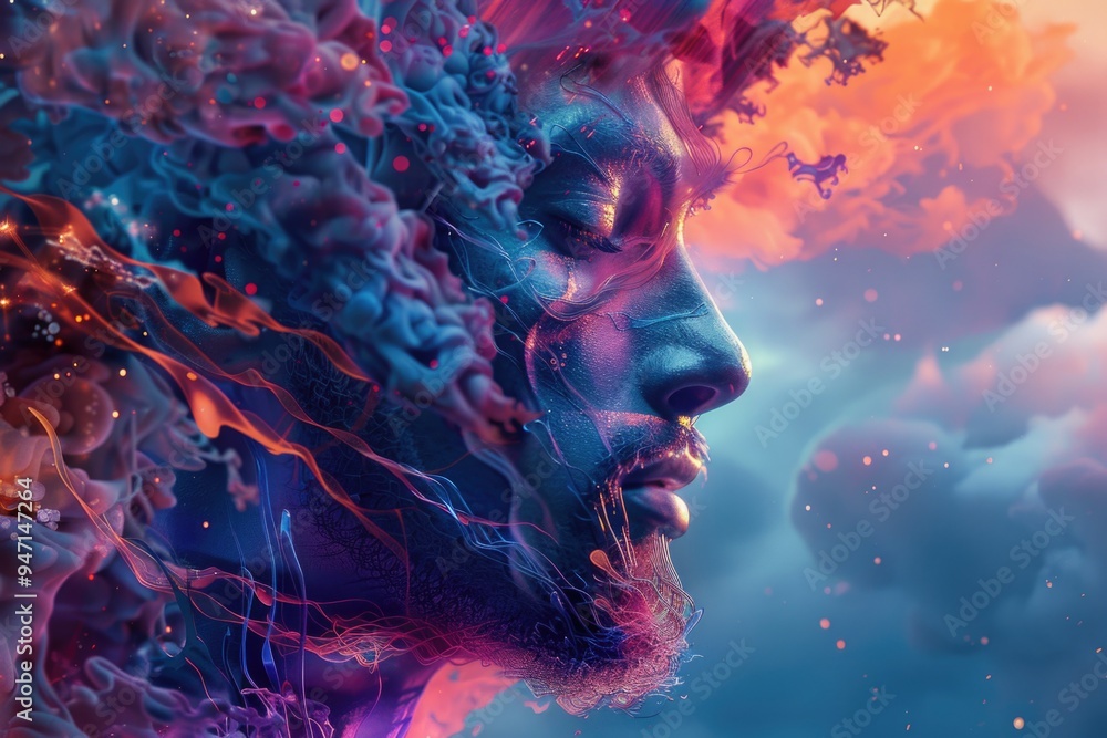 A person's face against a cloudy sky backdrop A person's face against a cloudy sky backdrop