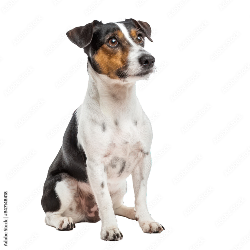 Jack russell terrier sitting and looking up with attentive expression on a white background Jack russell terrier sitting and looking up with attentive expression on a white background