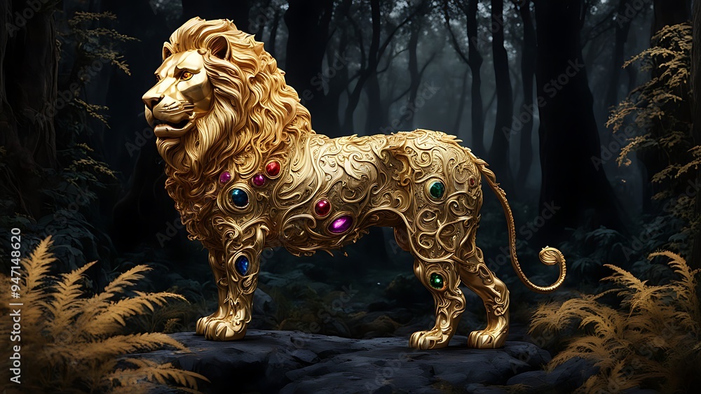 A majestic lion made of molten gold and precious gems, standing proudly in the middle of a dark, enchanted forest. A majestic lion made of molten gold and precious gems, standing proudly in the middle of a dark, enchanted forest.