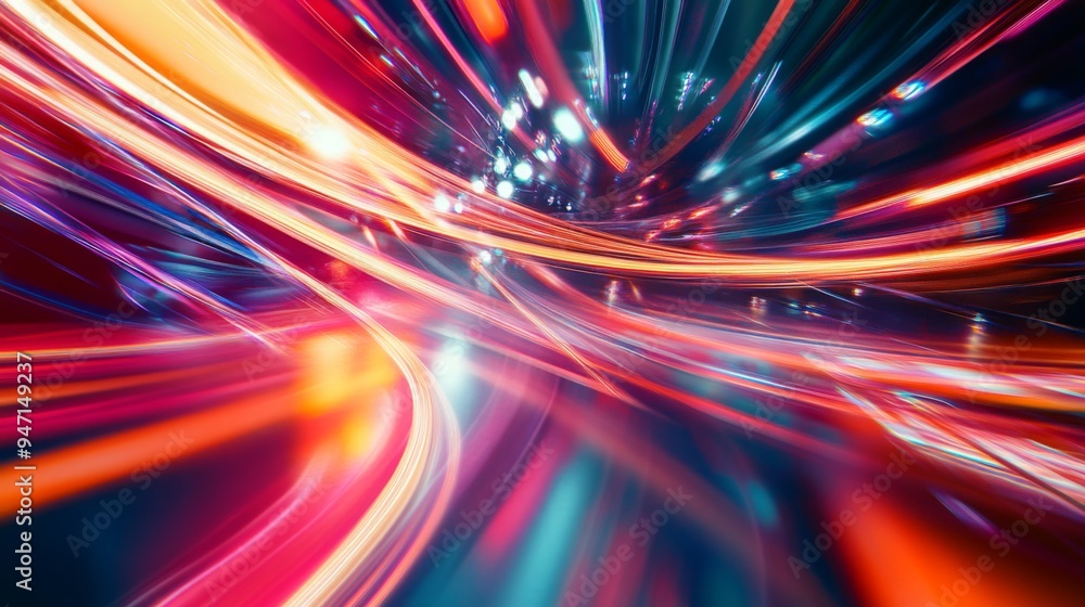 Abstract light trails weaving through reflective surfaces, creating a sense of depth and dimension, with vibrant colors and sharp contrasts Abstract light trails weaving through reflective surfaces, creating a sense of depth and dimension, with vibrant colors and sharp contrasts