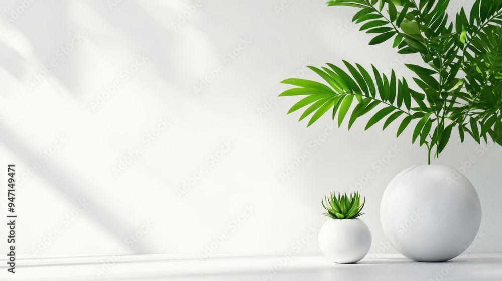 Minimalist White Surface with a Potted Green Plant and Soft Shadows, Ideal for Nature or Interior-Themed Backgrounds Minimalist White Surface with a Potted Green Plant and Soft Shadows, Ideal for Nature or Interior-Themed Backgrounds