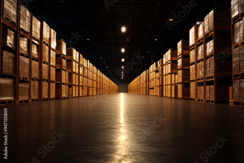 Wallpaper Mural A vast and well-organized warehouse features tall shelves filled with goods, illuminated by overhead lights, creating a sense of depth and efficiency in storage. Torontodigital.ca