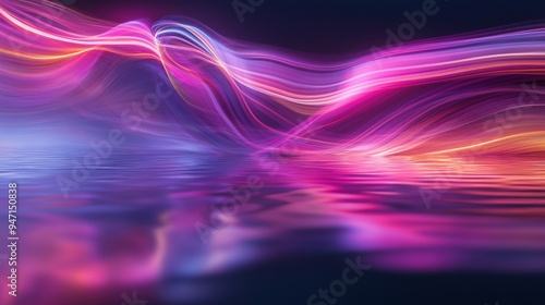 Fluid light trails reflecting on a rippling surface, forming an abstract, flowing composition with a harmonious blend of colors