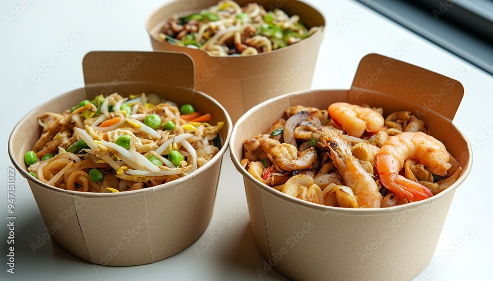 Pad Thai meal shrimp traditional food on paper bowl in white table Pad Thai meal shrimp traditional food on paper bowl in white table