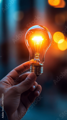 A hand holds a glowing light bulb against a blurred backdrop, symbolizing creativity and inspiration. The warm light signifies innovation and the bright prospects of new ideas.