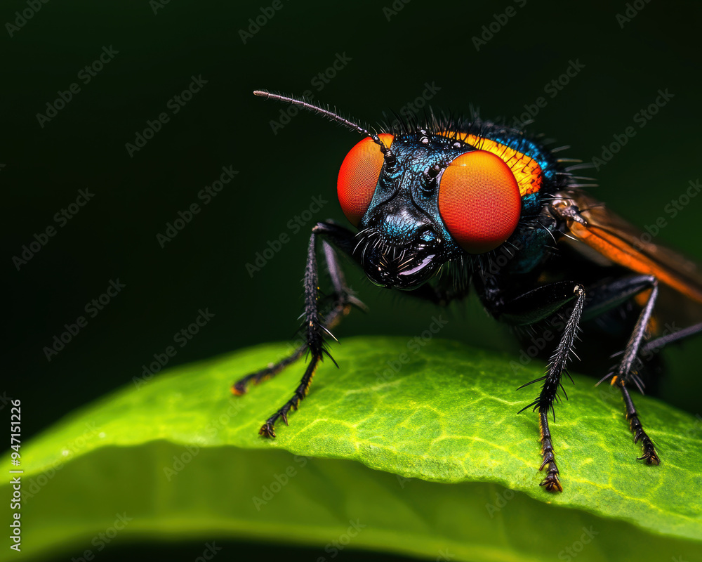 Naklejka premium Discover the intricate beauty of a fly captured in stunning detail, showcasing its vibrant colors and unique features against a lush green backdrop.