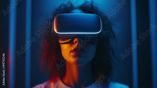 Adult businesswoman and VR headset in dark room. VR concept. Generative AI.