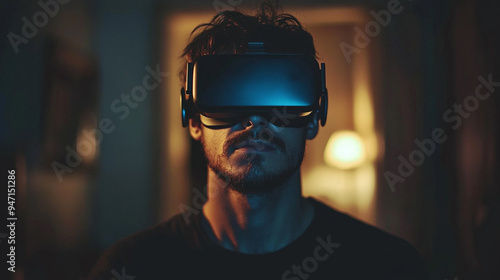 Adult man and VR headset in dark room. VR concept. Generative AI.