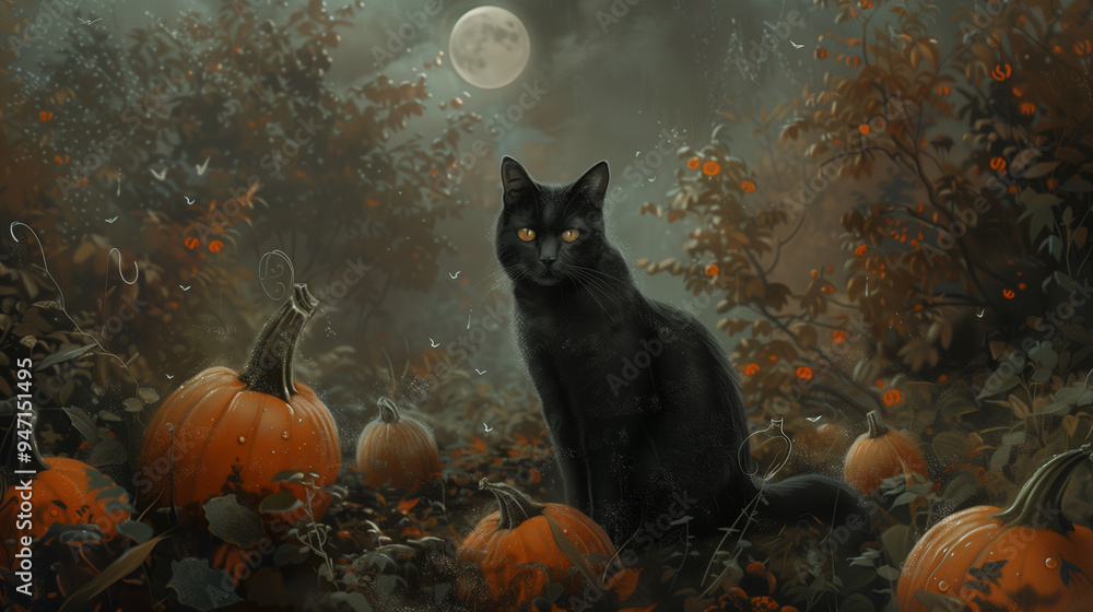 Fototapeta premium Black cat sitting among pumpkins in moonlit spooky Halloween scene