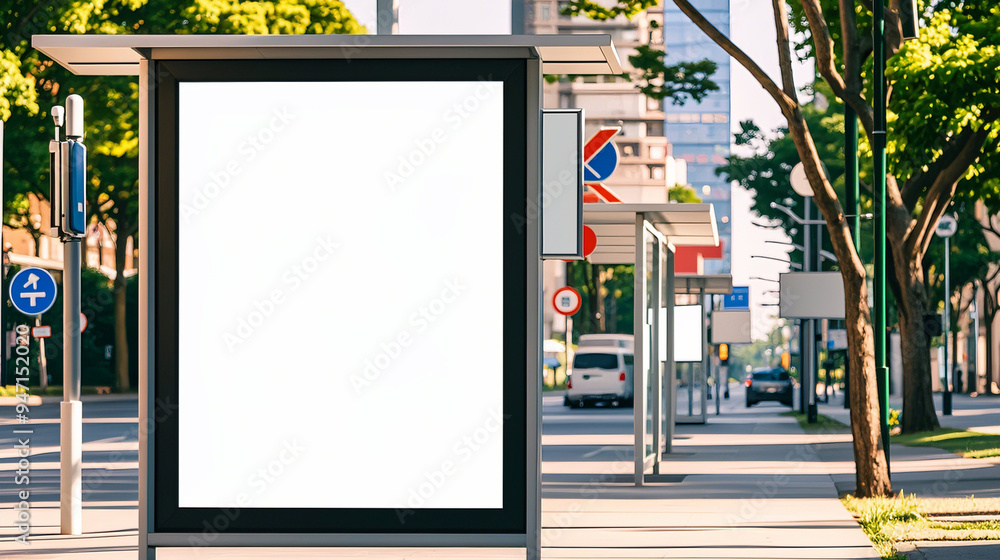 Mockup Of blank white of Bus Stop Advertising Billboard On Street Sidewalk during the day. Mockup Of blank white of Bus Stop Advertising Billboard On Street Sidewalk during the day.
