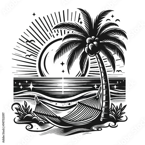 A big, bold palm tree on a beach with a hammock, sand, and waves vector