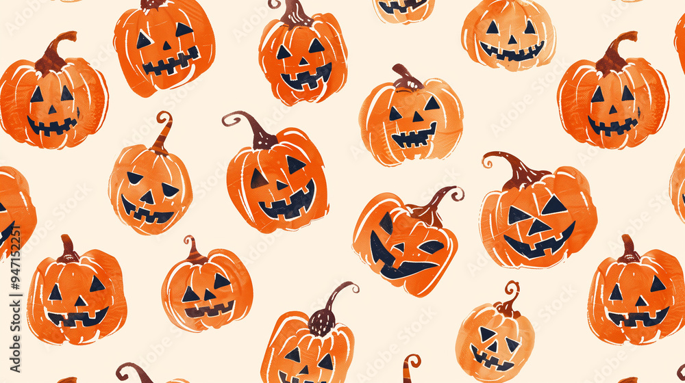 Seamless pattern of jack-o'-lanterns on light background, Halloween themed design Seamless pattern of jack-o'-lanterns on light background, Halloween themed design