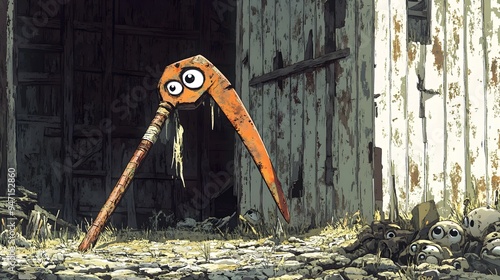 Eerie Scythe with Googly Eyes Lurking in Abandoned Barn's Dilapidated Interior photo