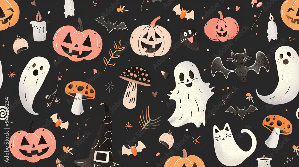 Cute Halloween pattern with jack-o'-lanterns, ghosts, and bats on dark background Cute Halloween pattern with jack-o'-lanterns, ghosts, and bats on dark background