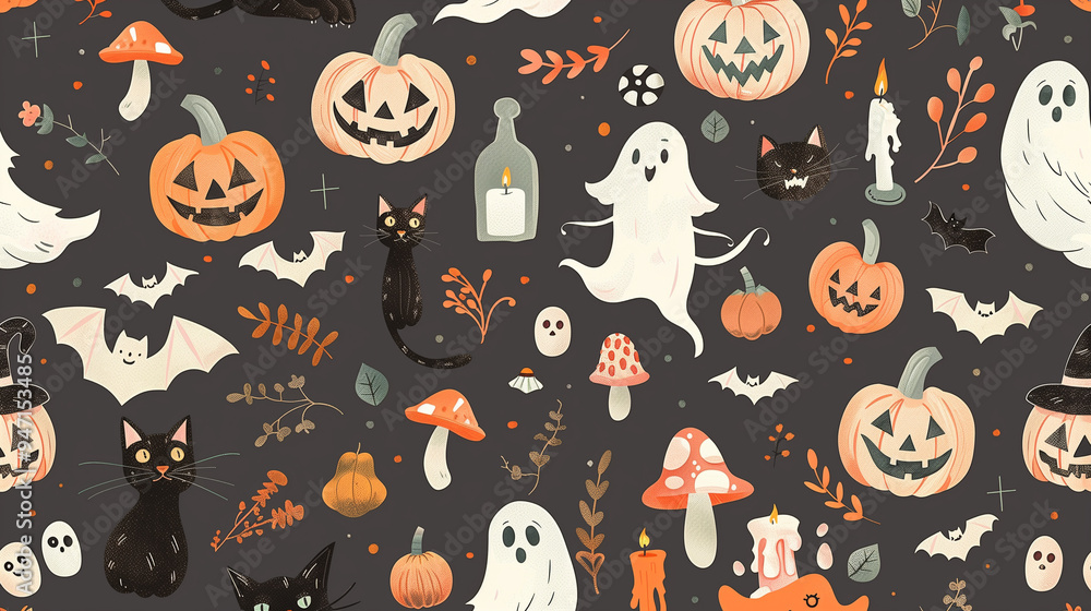Cute Halloween pattern with jack-o'-lanterns, ghosts, and bats on dark background Cute Halloween pattern with jack-o'-lanterns, ghosts, and bats on dark background