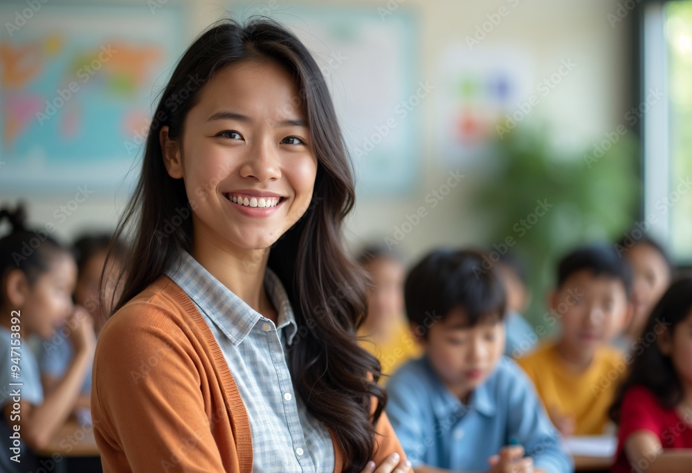 Happy Asian American teacher smiling in classroom on World Teachers' Day Happy Asian American teacher smiling in classroom on World Teachers' Day