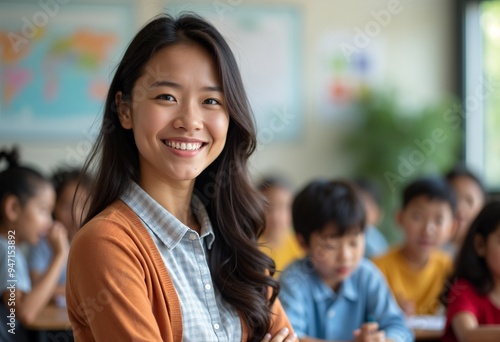 Happy Asian American teacher smiling in classroom on World Teachers' Day