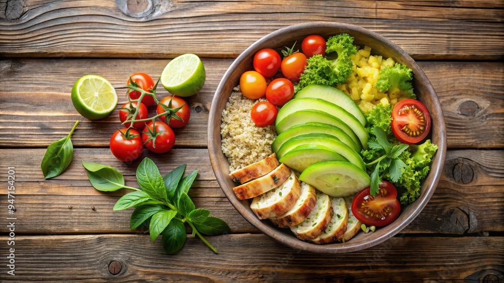Healthy salad bowl with quinoa, tomatoes, chicken, avocado, lime, and mixed greens on wooden background top view, salad Healthy salad bowl with quinoa, tomatoes, chicken, avocado, lime, and mixed greens on wooden background top view, salad