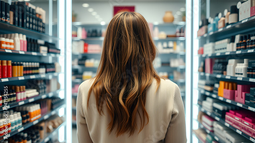 Back view of young woman standing in front of shelves full of cosmetic store. Generative AI