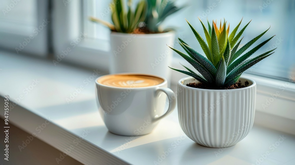 A Cup of Latte and a Succulent Plant on a Windowsill A Cup of Latte and a Succulent Plant on a Windowsill