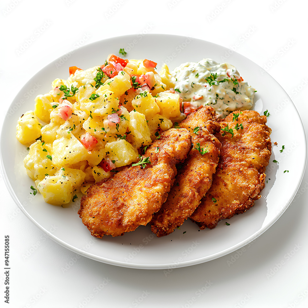 Crispy Fried Chicken with Potato Salad and Creamy Sauce Crispy Fried Chicken with Potato Salad and Creamy Sauce